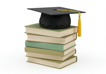 A graduation cap on a stack of books with a yellow tassel against a white background in a studio shot