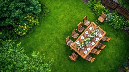 Overhead view of an outdoor party table in a garden, ready with cutlery, wine glasses, and centerpieces