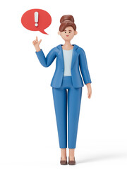 woman with exclamation bubble, symbolizing a sudden idea or realization. 3D rendering, conceptual image. Isolated on white background.