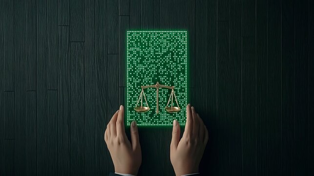 Hands Holding Digital Scales of Justice with Glowing Circuit Board Background, Representing Modern Ethical Concepts.