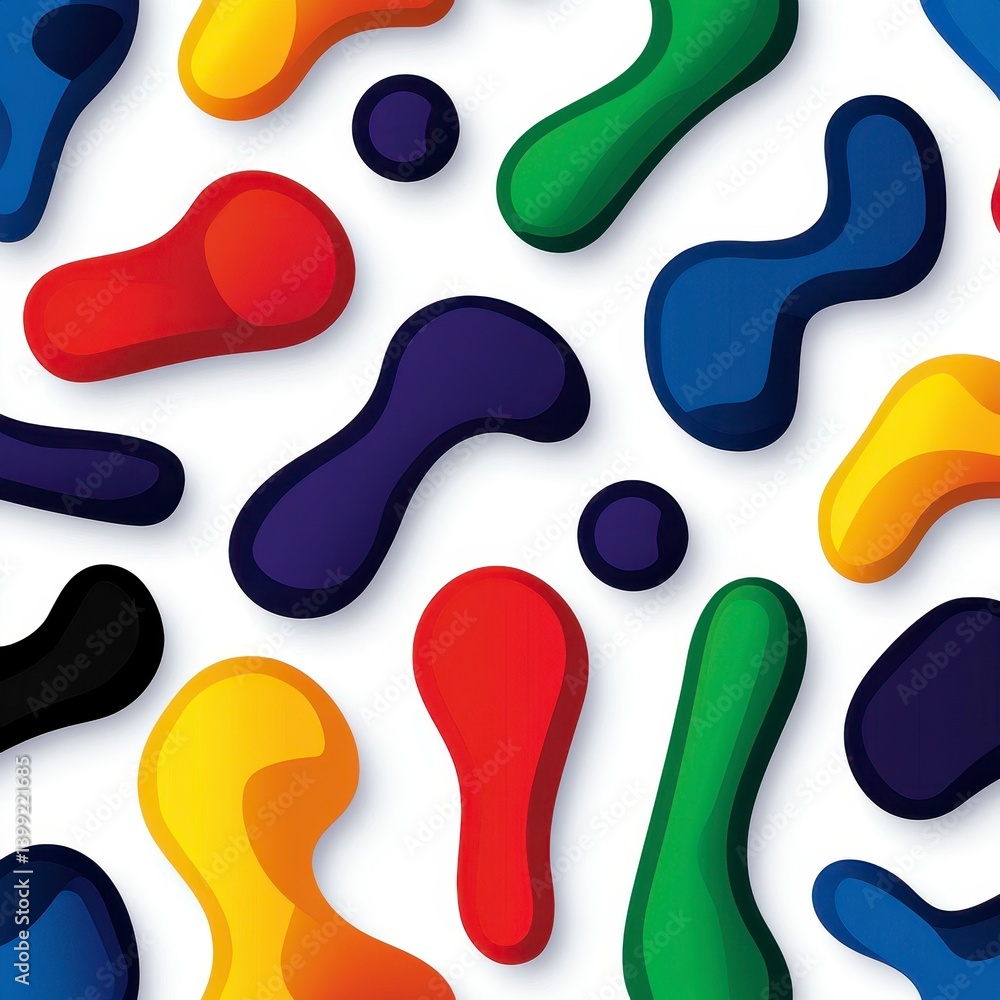 Poster colorful abstract shapes scattered on a white background, creating a vibrant and playful pattern rep
