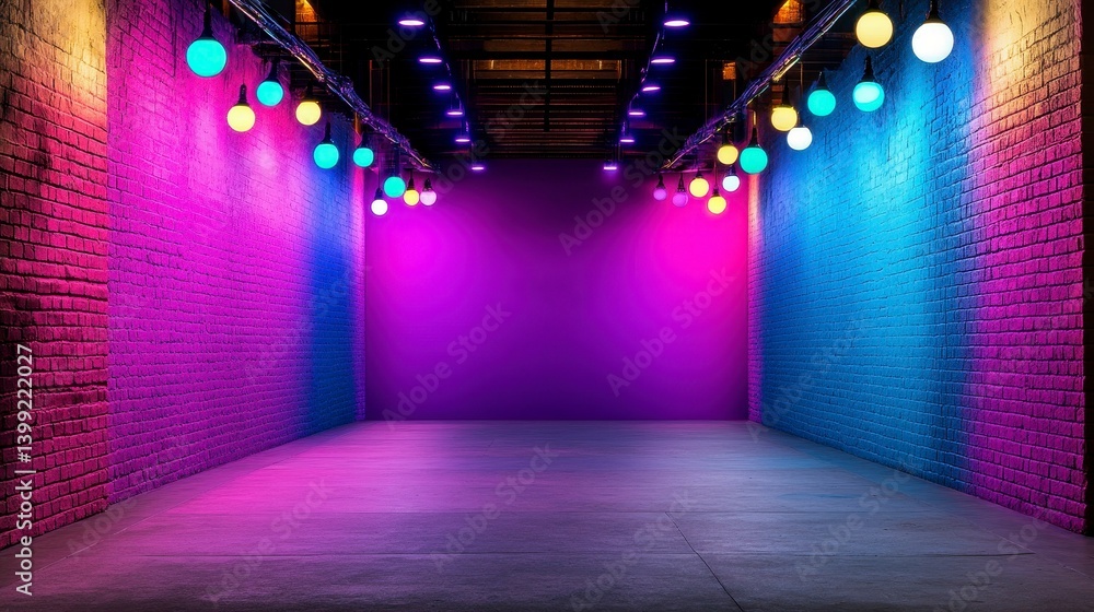 Poster vibrant and colorful studio space with illuminated wall lights creating a playful atmosphere, perfec