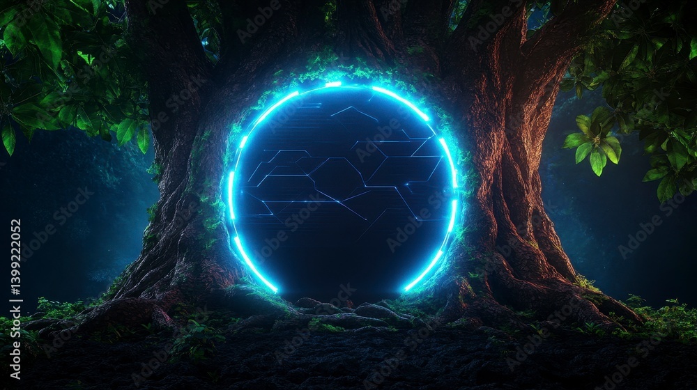 Poster a glowing portal surrounded by ancient trees, symbolizing the intersection of nature and technology 