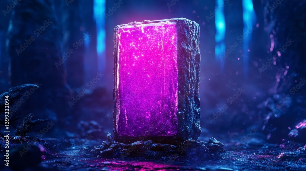 Poster a mystical glowing crystal cube illuminating a serene forest setting with vibrant purples and atmosp