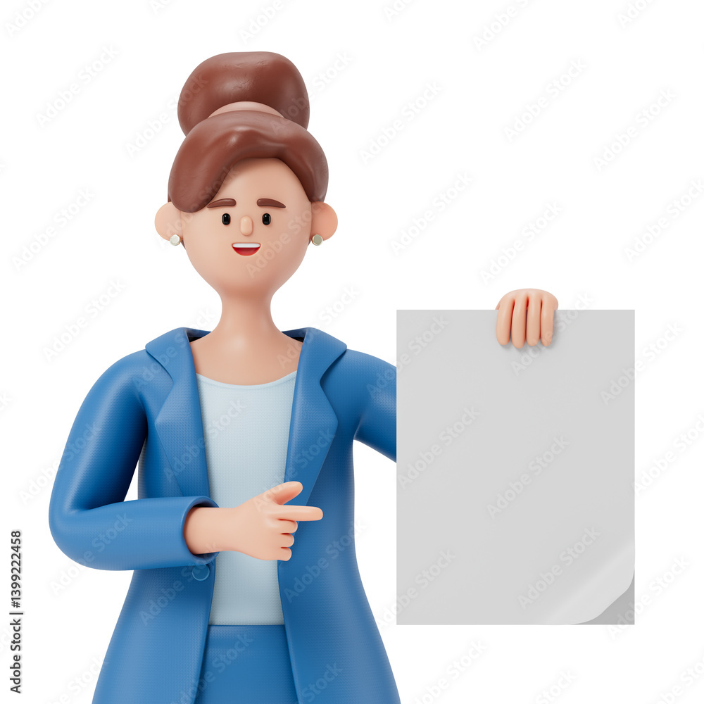 Poster woman in business attire holds a blank paper, symbolizing the presentation of information or an open