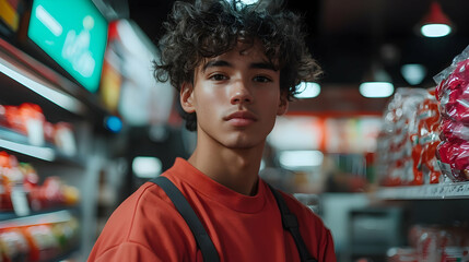 Naklejka premium Portrait of a Young Man Working as a Cashier in a Grocery Store at Night
