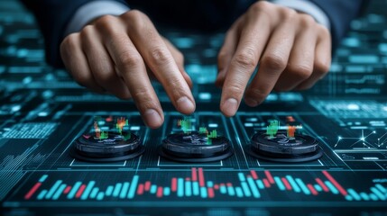 Closeup of  hand precisely engaging button on professional audio mixing console