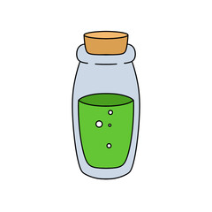A green bottle with a cork stopper and a green liquid inside