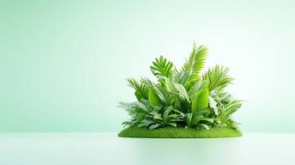 Fototapeta premium Lush green foliage cluster on a grassy mound against a mint green backdrop. A vibrant display of tropical plants, perfect for a serene, natural aesthetic