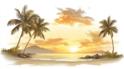 Fototapeta premium Breathtaking tropical sunset scenery, palm trees silhouetted against vibrant sky on sandy beach