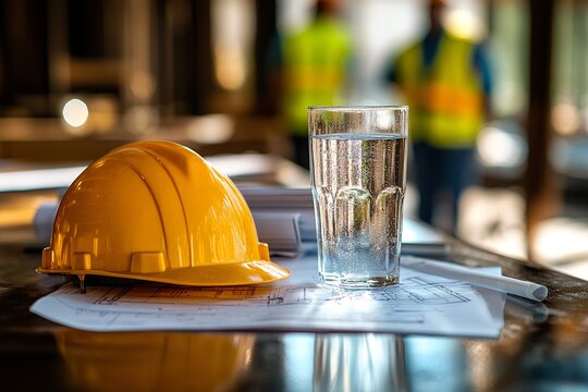 Yellow hard hat rests on blueprints with a glass of water nearby. Construction site in soft focus background. - Powered by Adobe