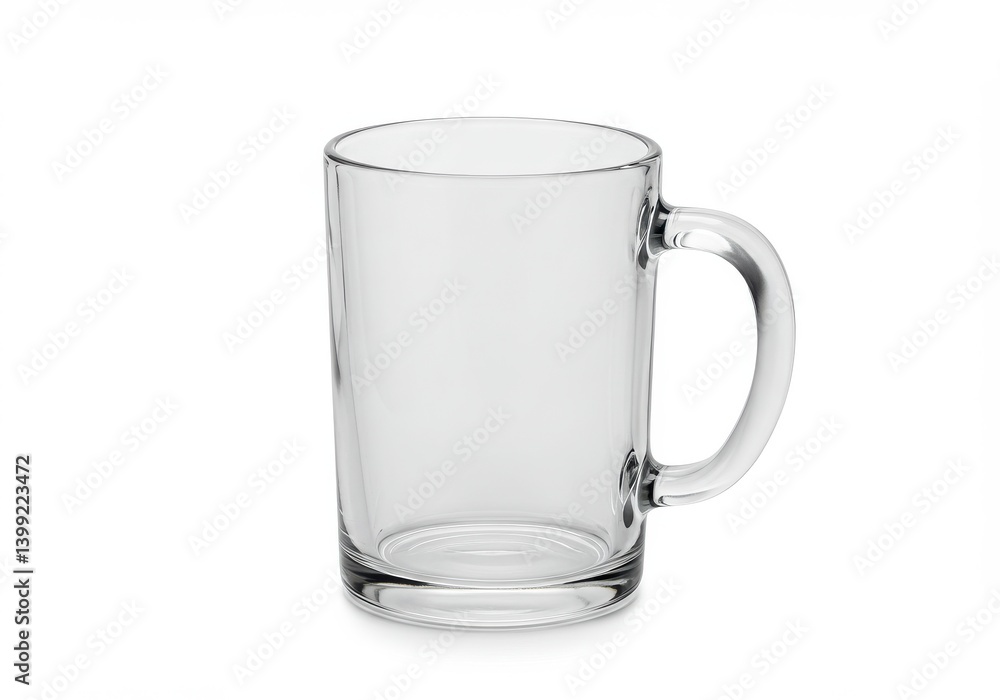 Poster a clear glass mug with a handle sitting on a white surface in a studio setting showcasing its form