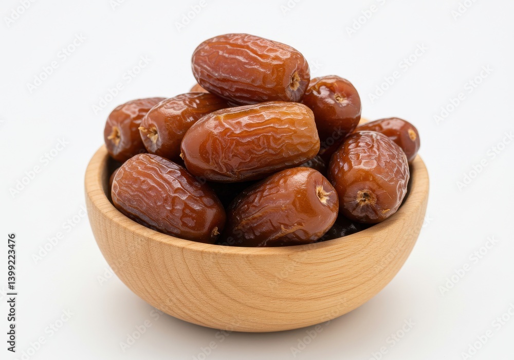 Aufkleber a wooden bowl filled with a pile of fresh dates on a white background in a studio setting view
