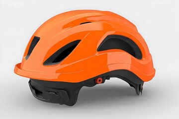 Isolated Bright Orange Cycling Helmet on Soft Grey Background Studio Shot