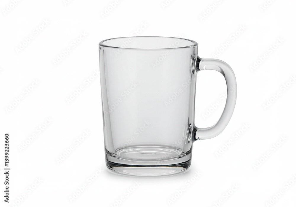 Aufkleber a clear glass mug with a handle is displayed on a white surface in a studio setting light