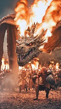 A huge burning dragon and a Viking next to it