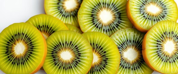 Vibrant green kiwi slices, speckled with tiny brown seeds, lie flat, pattern, snack