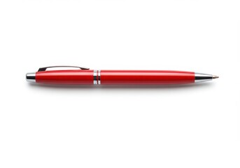 A sleek red pen with silver accents resting on a clean white surface in a horizontal position