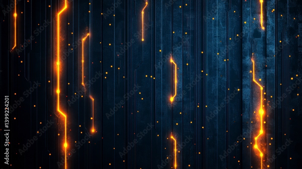 Poster abstract digital background with glowing orange lines and particles on a textured dark blue surface 