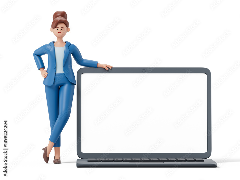 Poster a woman stands confidently next to a large laptop with a blank screen, symbolizing readiness to enga