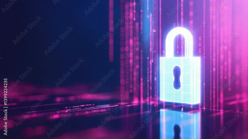 Poster digital lock symbol neon representation of cybersecurity, data protection, and technology in binary 