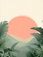 Serene tropical landscape illustration with pastel sunset and jungle plants