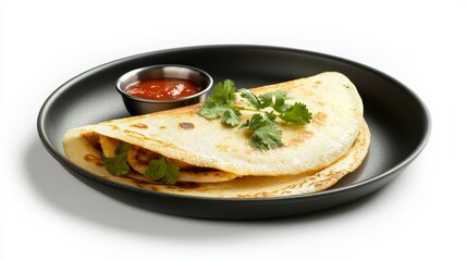 Delectable culinary creation, a plate of food with small bowl of exquisite sauce