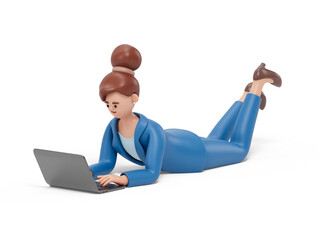 A woman lies on the floor using a laptop, symbolizing a casual or unconventional approach to work or study. 3D rendering, conceptual image. Isolated on white background.