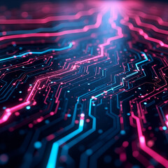 Futuristic cyberpunk background, glowing circuit patterns, pink and teal neon lights, abstract digital interface style, high contrast, no text, perfect for wallpapers or UI design, 8k resolution