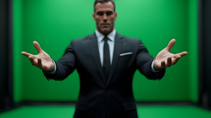 Man in Black Suit With Extended Torso Optical Illusion Against Green Screen Background