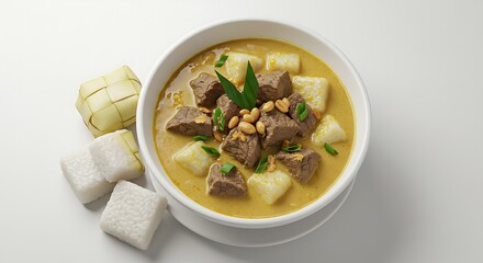 A hot bowl of Coto Makassar, beef soup with thick peanut-based broth, served with rice cakes, against a plain white backdrop.