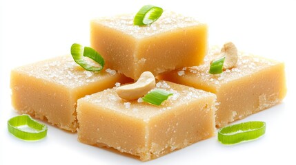 Several pieces of light brown, square-cut sweets are stacked and garnished with cashew nuts and green spirals on a white background.