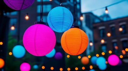 Colorful lanterns illuminate a vibrant outdoor space, creating a festive atmosphere with warm ambient lighting.