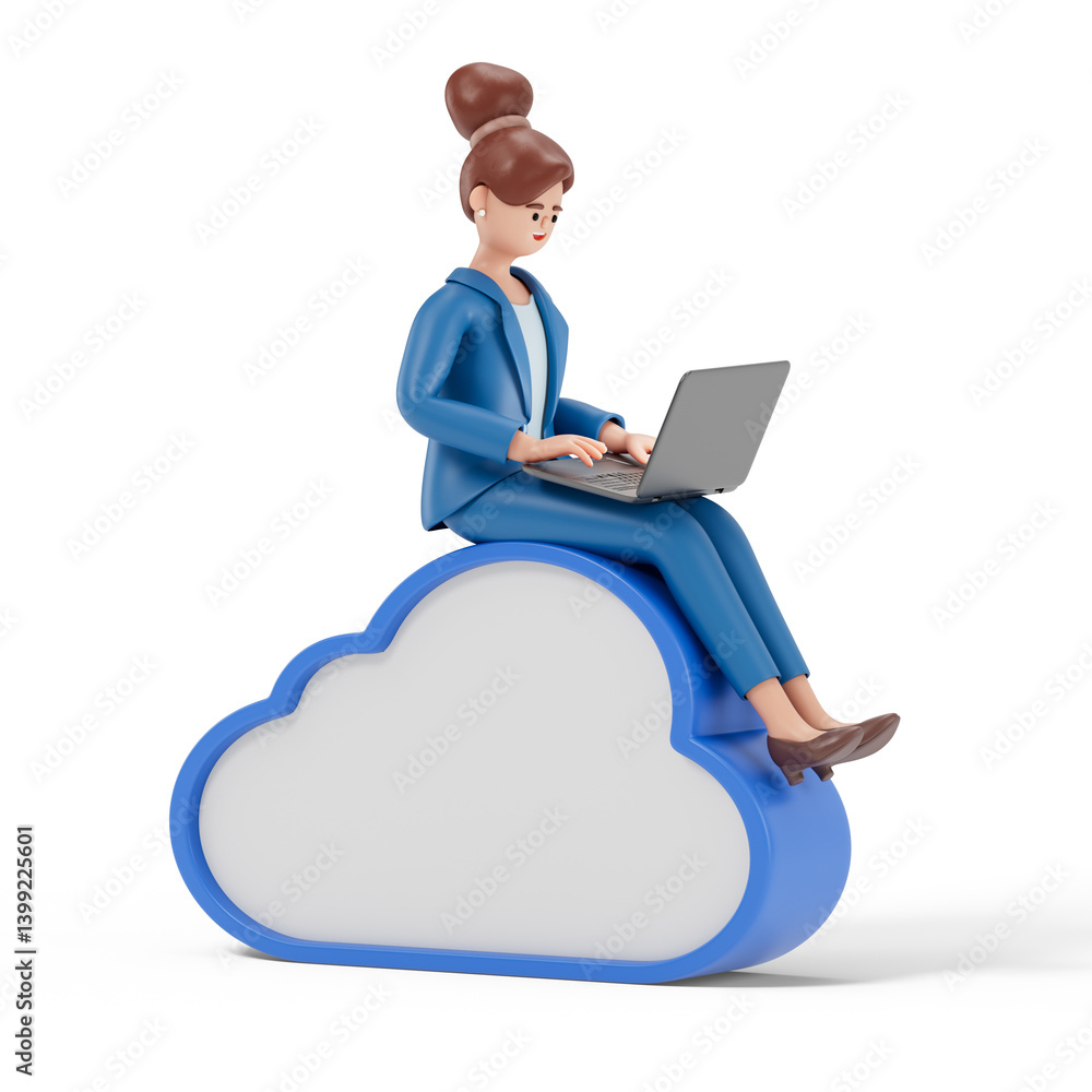 Poster a woman sits on a stylized blue cloud while working on a laptop, symbolizing the concept of cloud co