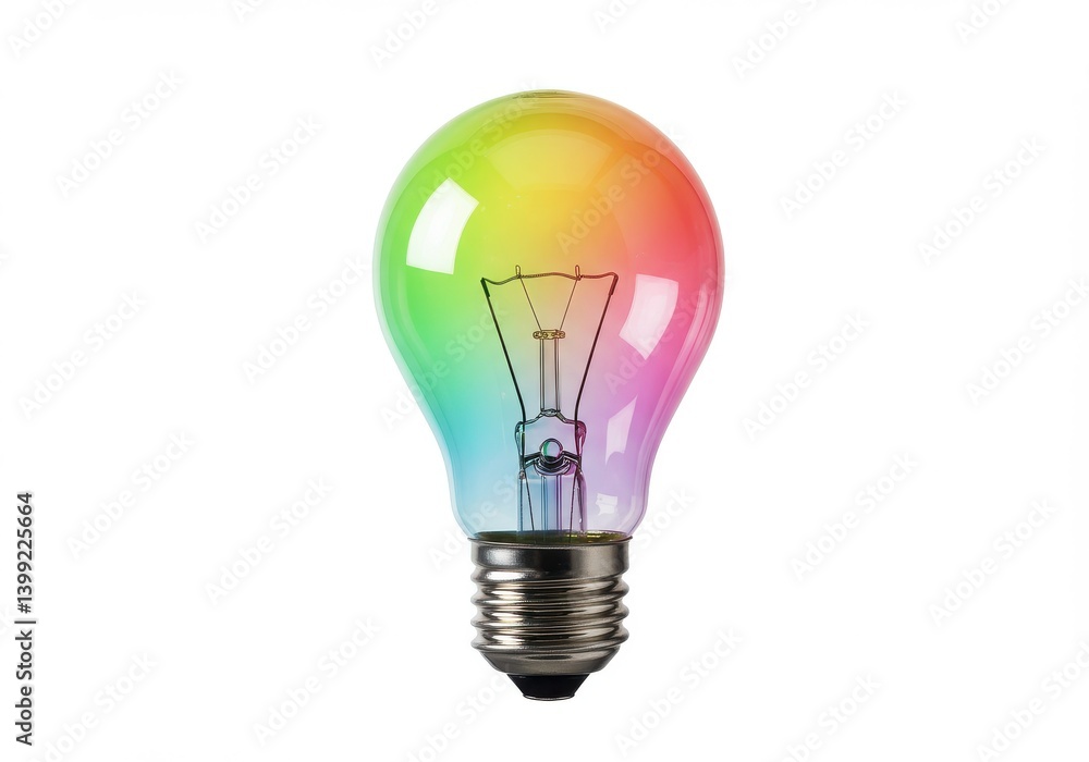 Poster a single lightbulb with a rainbow gradient on the glass against a plain white background space aroun