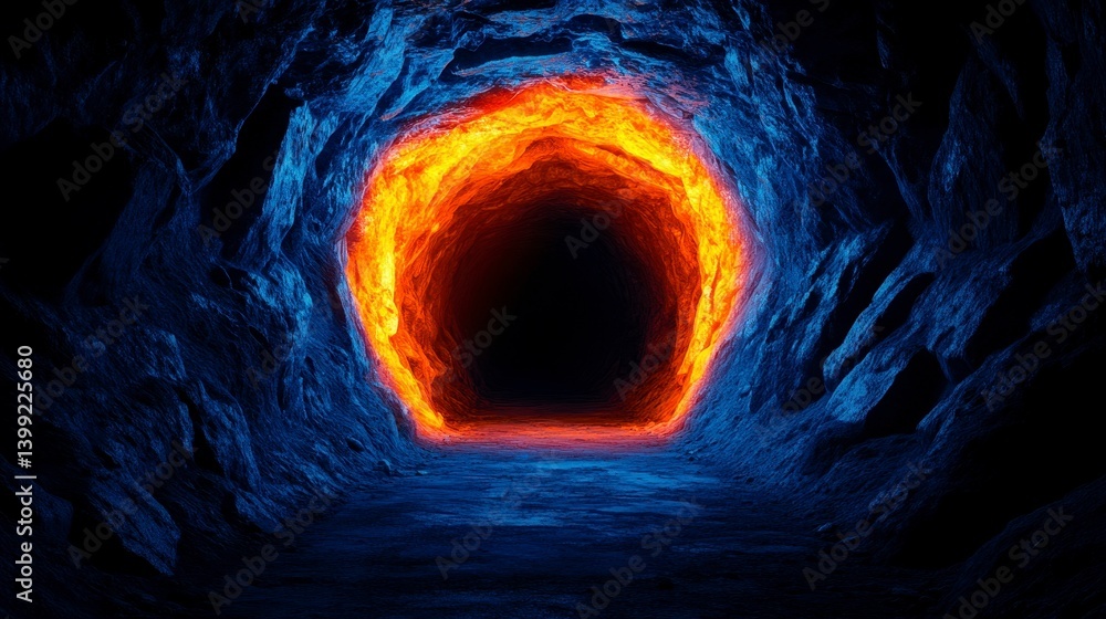 Poster a mesmerizing glimpse into a fiery tunnel surrounded by rugged rock formations, creating a stunning 