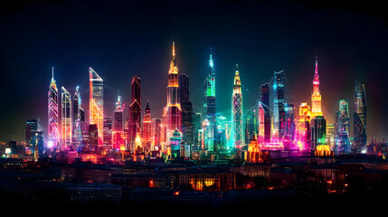 Obraz premium Colorful Pixelated City Skyline at Night