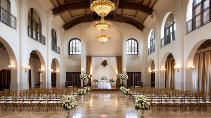 Fototapeta premium Elegant ballroom prepared and decorated for a wedding ceremony event