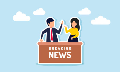 Businessman and businesswoman broadcast breaking news, illustration of delivering urgent and important news about current events through media and live communication