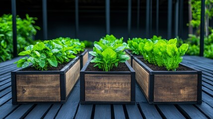 Lush green vegetable garden in wooden planters showcasing healthy growing lettuce and leafy greens in a modern outdoor setting