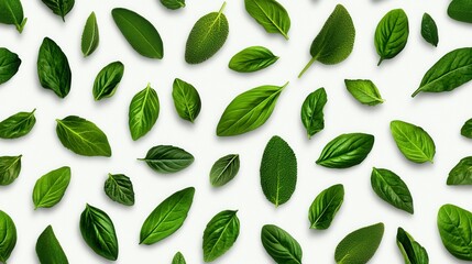 A vibrant assortment of fresh green leaves arranged aesthetically on a clean, light background for a natural and organic touch