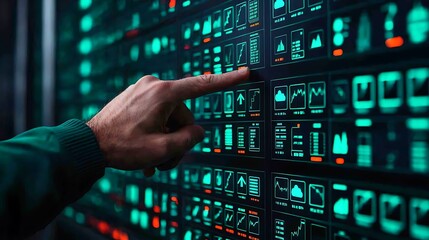 Man Interacting with a Glowing Digital Interface, Displaying Various Charts, Graphs, and Data Visualizations in a Modern Environment.