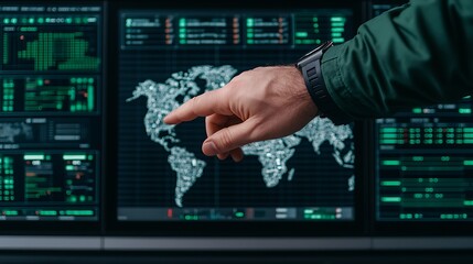 Man pointing at digital world map on multiple computer screens displaying data visualization and information analysis interface.