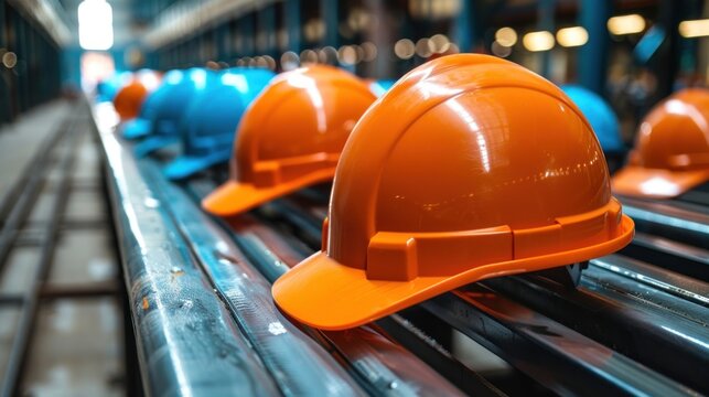 Safety helmets on a conveyor belt in a factory