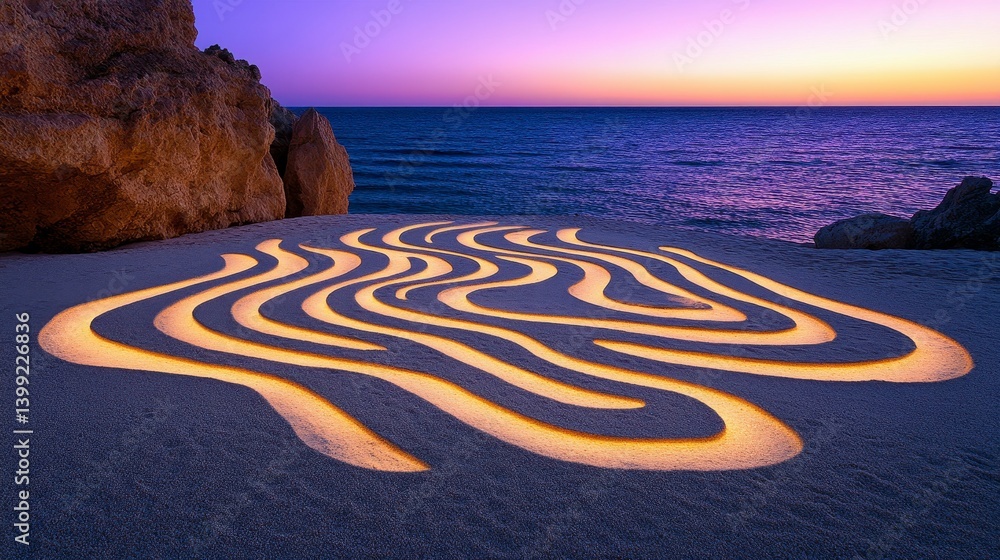 Poster intricate patterns of glowing sand at twilight, showcasing the contrast between nature and art on a 