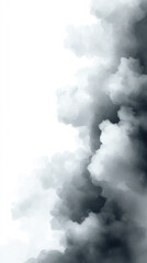 A grey and black cloud with a white background. The cloud is very thick and dark, and it seems to be moving towards the right side of the image