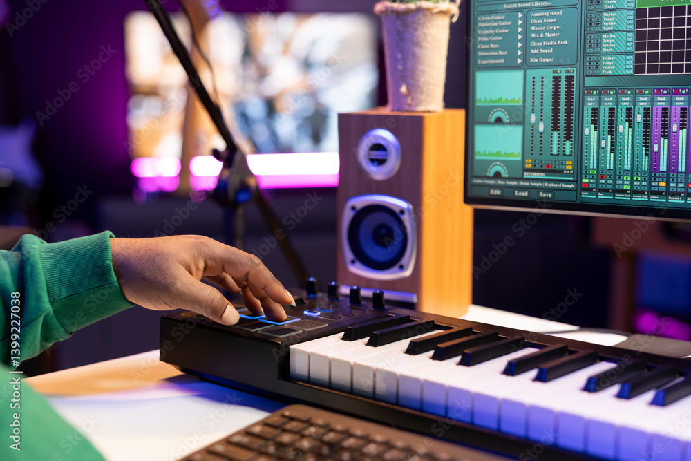 Leinwandbilder music producer mixing sounds with stereo console and piano notes over his audio files, editing track