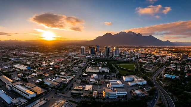 Aerial View of Monterrey Mexico Skyline at Sunset Featuring Cerro de la Silla Mountain