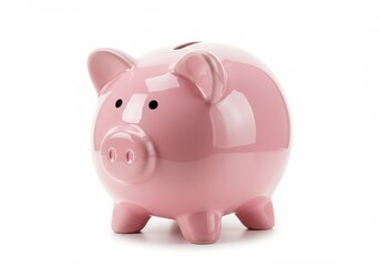 Obraz premium A pink ceramic piggy bank with a coin slot on its back standing on a white surface in a studio shot