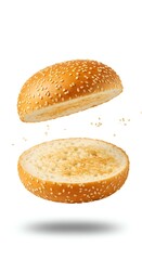 Sesame Seed Burger Bun Halves Floating, Food Photography